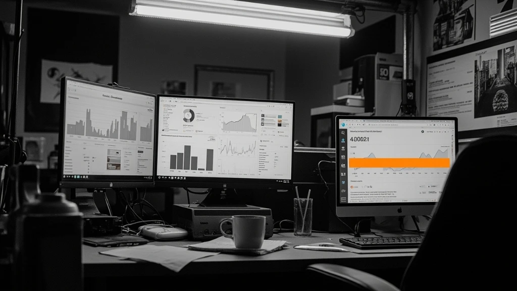 Cluttered analytics war-room with flat dashboards on multiple monitors